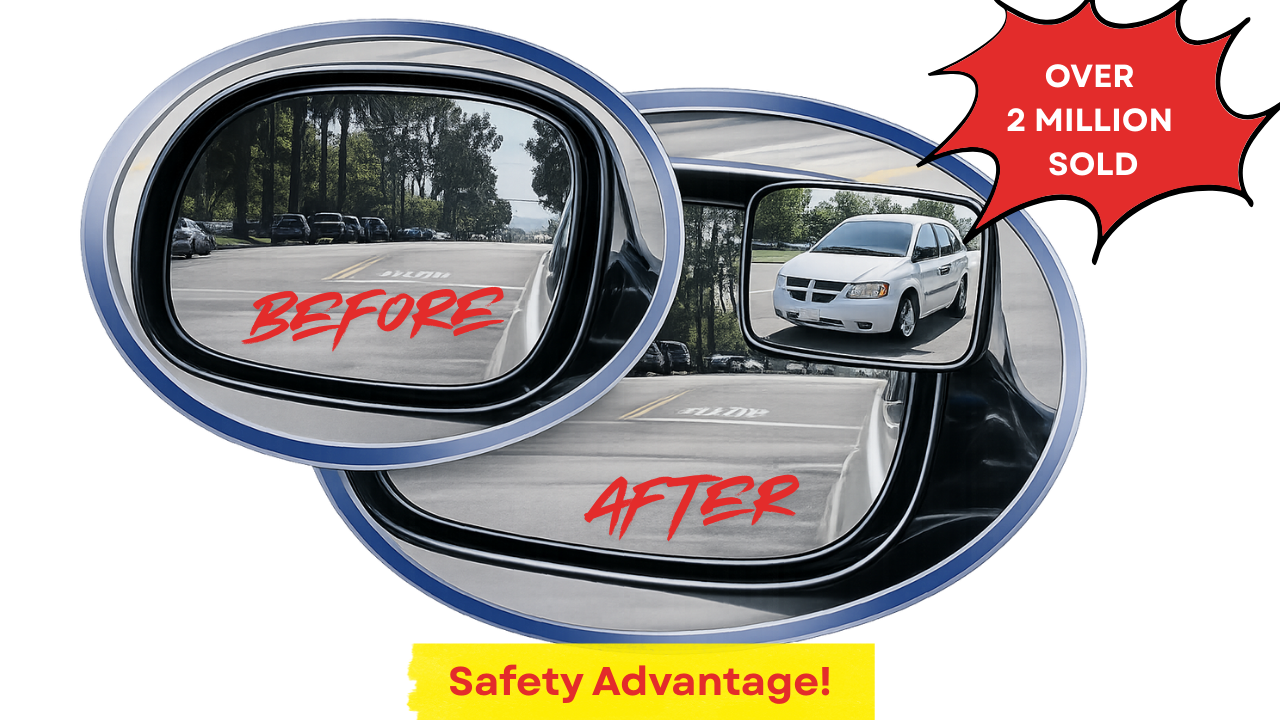 Before-and-after view showing the rear-quarter blind zone eliminated by a Maxi View mirror — over 2 million pairs sold